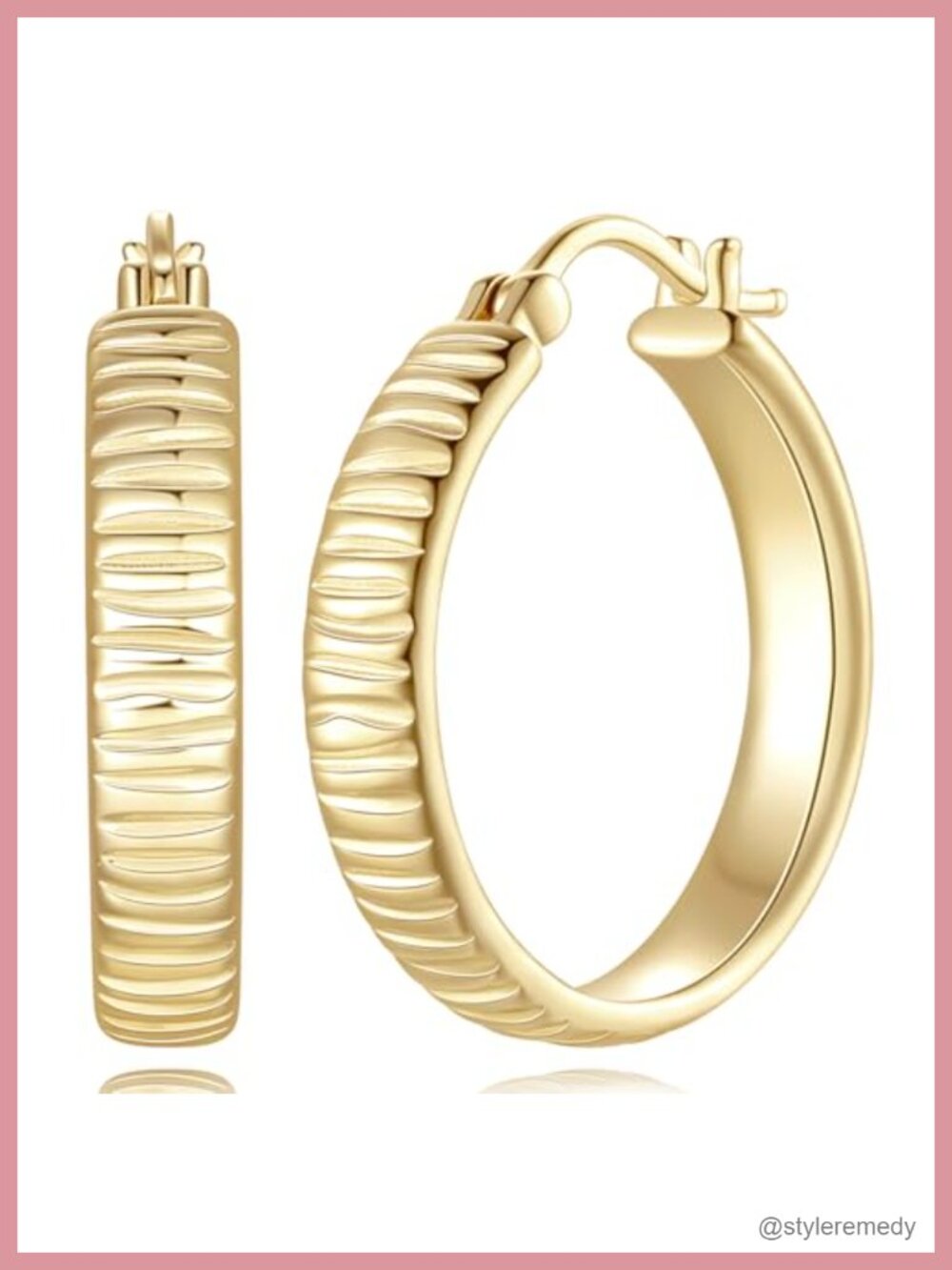 14K Gold Plated Hoop Earrings Textured Latch Back 25mm